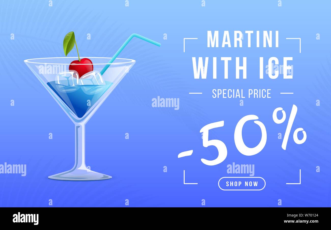 Vermouth with ice vector web banner. Alcohol drink in bar glassware with ice cubes and cherry decor. Summertime refreshment, cold beverage special price offer advertising poster design layout Stock Vector