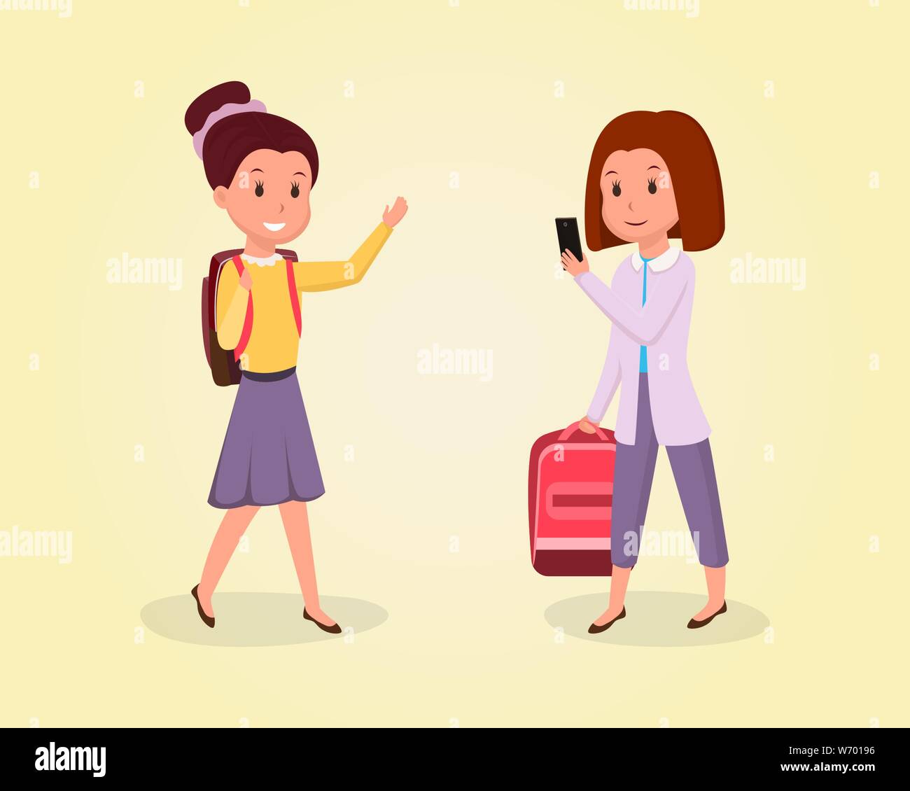 Schoolgirl going to school flat illustration. Schoolchild with backpack waving hand, pupil holding rucksack and using smartphone cartoon characters set. Classmates, girlfriends isolated clipart Stock Vector