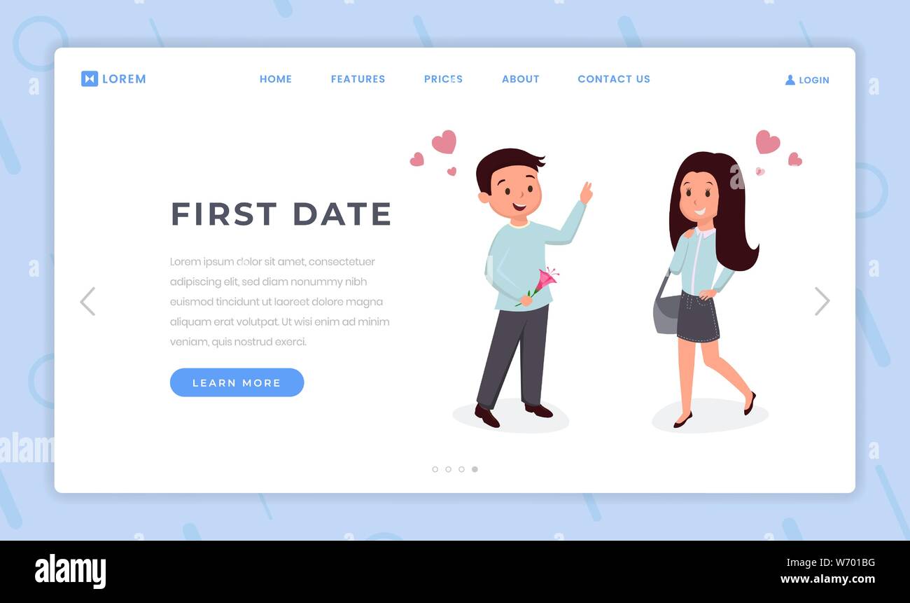 First date landing page flat template. Young love, students romantic feelings, relationships, smiling man with flowers waiting woman cartoon characters. Boy and girl dating website homepage design Stock Vector