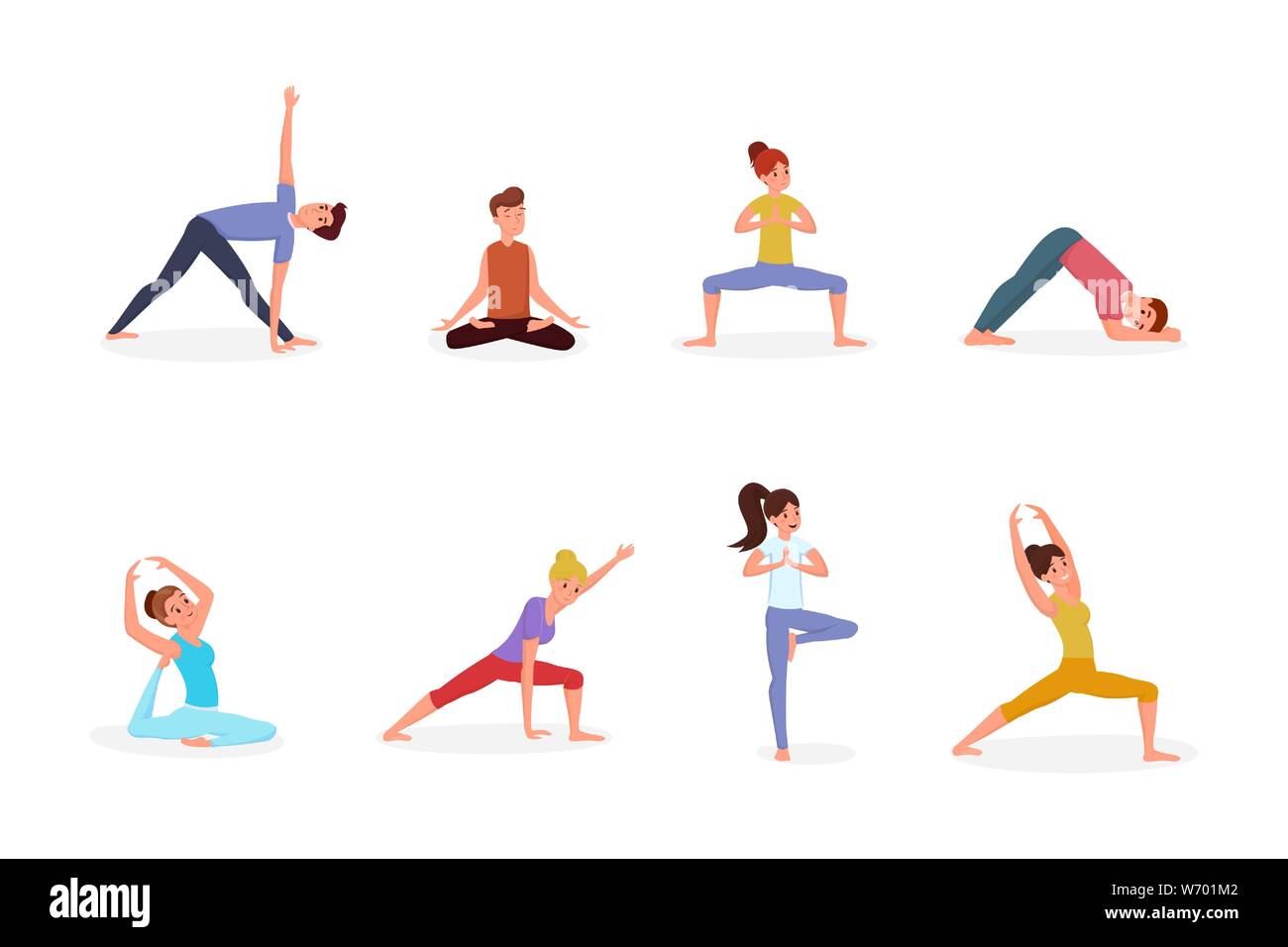 People doing yoga vector illustration set. People in yoga poses, men and women holding asana and exercising cartoon characters. Gymnastics, sports training, meditation isolated on white background Stock Vector