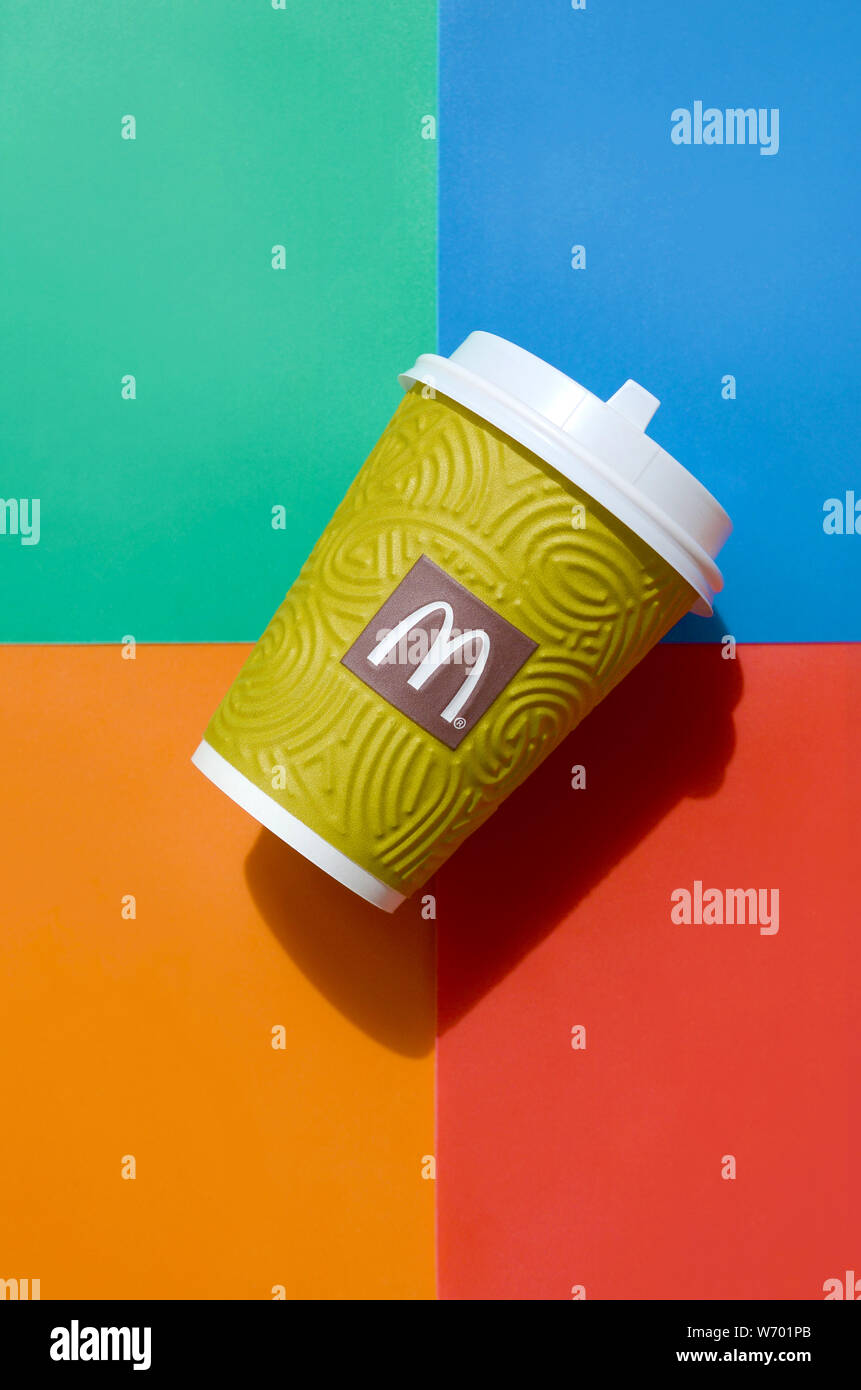 KHARKIV, UKRAINE - AUGUST 1, 2019: McDonald's paper disposable coffee ...