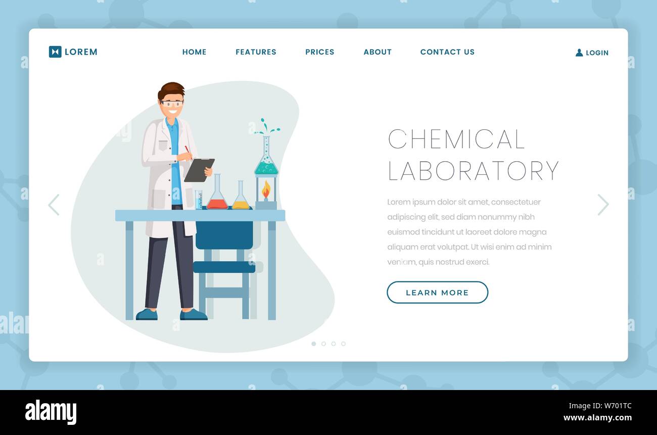 Chemical laboratory vector landing page template. Researcher, scientist in white coat describing chemical reaction results. Modern research center, innovative lab webpage design layout Stock Vector