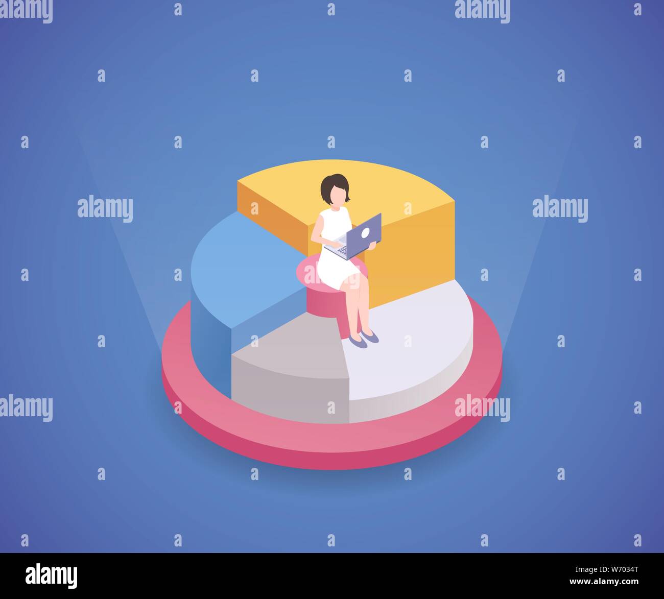 Analyst working with laptop isometric illustration. Busy freelancer, financier, female entrepreneur in formal clothes 3D cartoon character. Businesswoman sit on chart element, data analysis concept Stock Vector