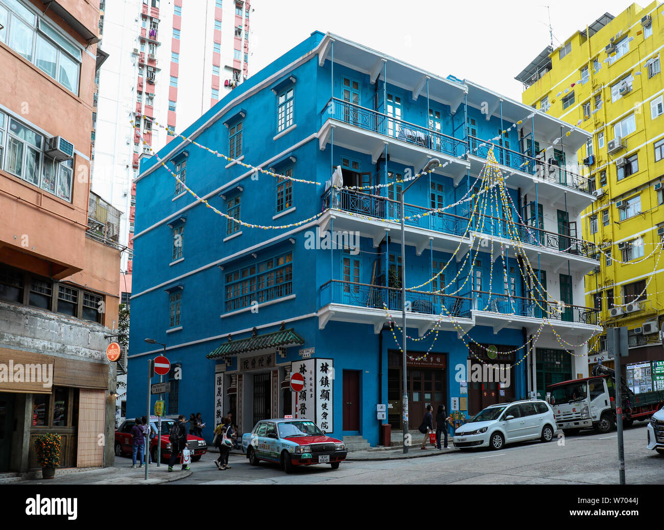 Blue House - Grade I historic building - in Wan Chai, Hong Kong Stock Photo