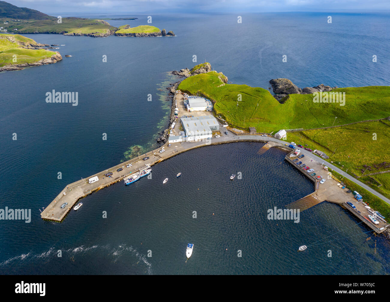Aerial view of Teelin Bay in County Donegal on the Wild Atlantic Way in Ireland. Stock Photo