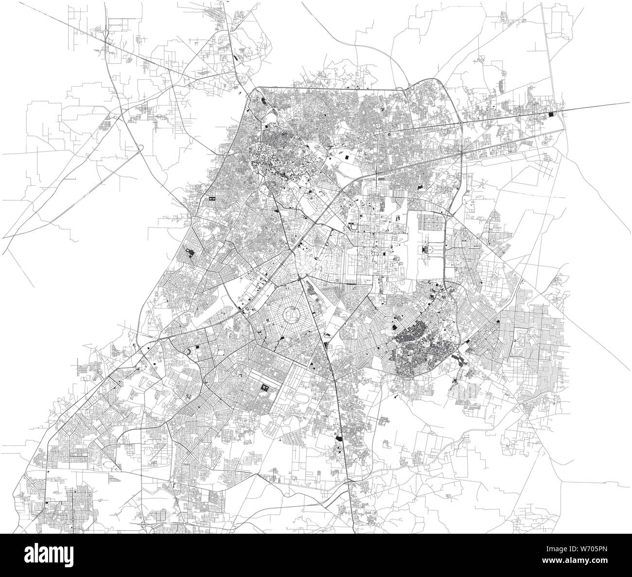 Satellite map of Lahore, it is the capital of the Pakistani province of Punjab. Map of streets and buildings of the town center. Pakistan. Asia Stock Vector