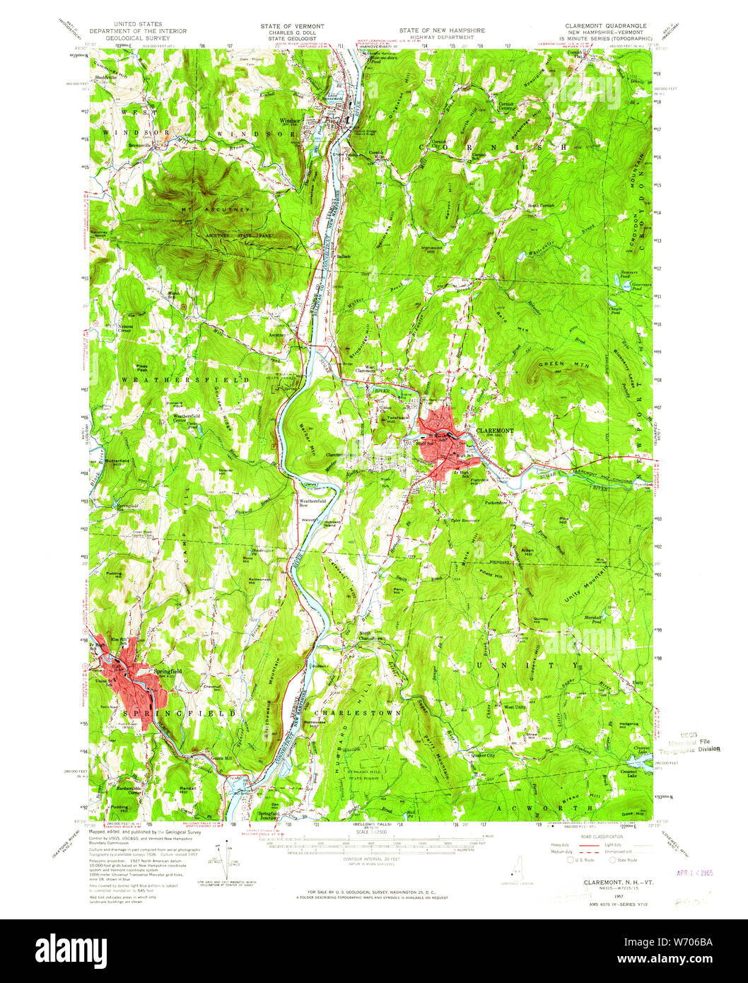 USGS TOPO Map New Hampshire NH Claremont 329963 1957 62500 Restoration Stock Photo