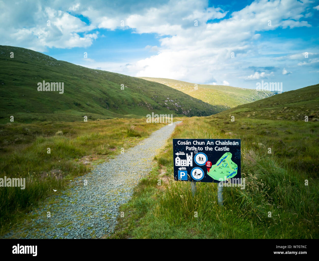 GLENVEAG / IRELAND - AUGUST 02 2019 : This path is leading to the Castle and Loch in Glenveagh National Park, County Donegal Stock Photo