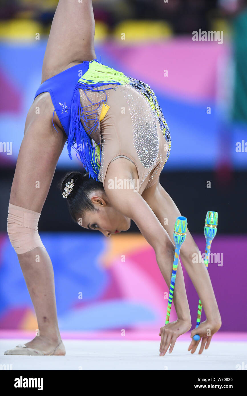 Lima, Peru. 3rd Aug, 2019. ORIANA VINAS from Colombia competes in the individual All-Around with the clubs during the competition held in the Polideportivo Villa El Salvador in Lima, Peru. Credit: Amy Sanderson/ZUMA Wire/Alamy Live News Stock Photo