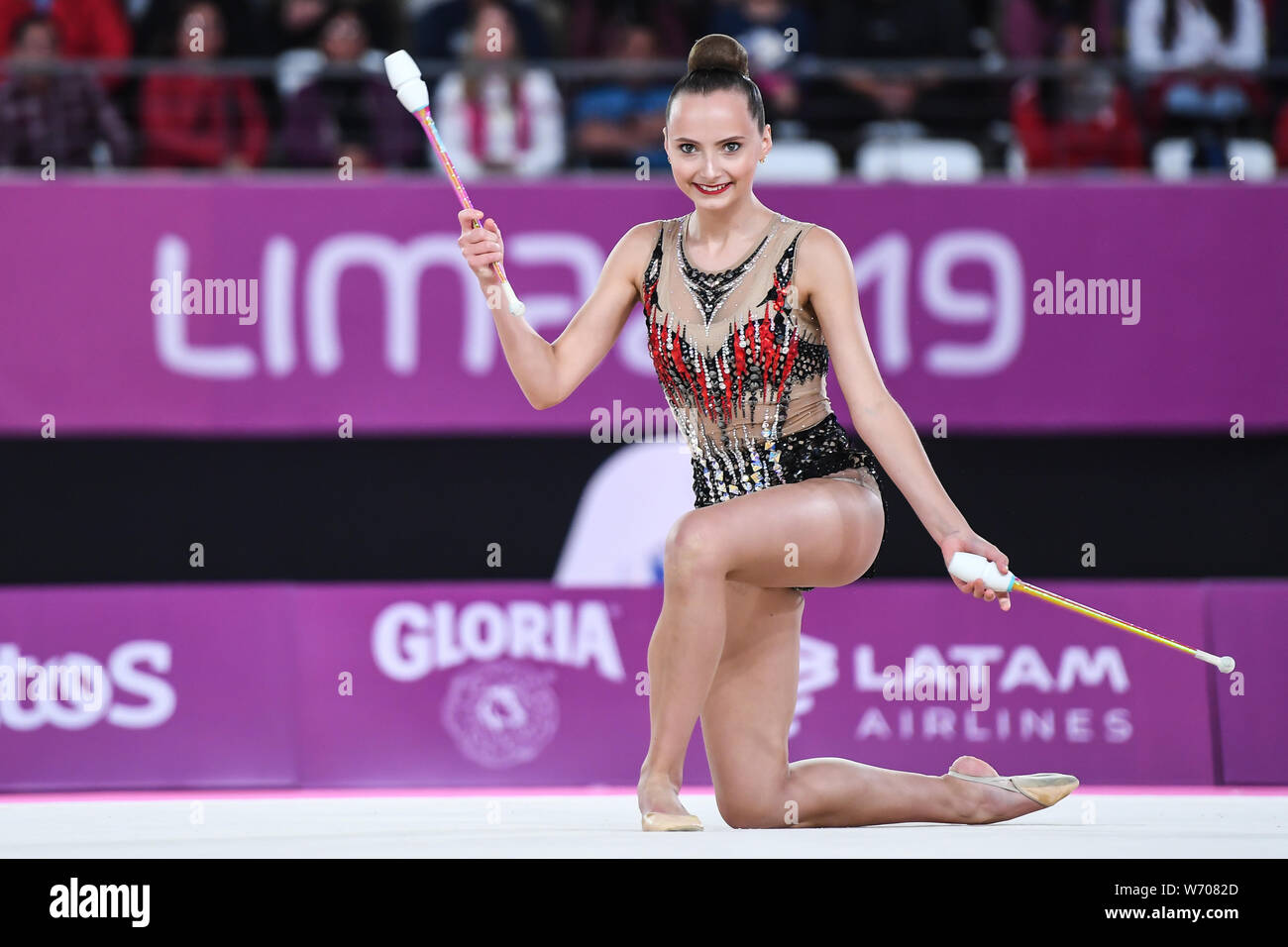 Lima, Peru. 3rd Aug, 2019. CAMILLA FEELEY from the US competes in the individual All-Around with the clubs during the competition held in the Polideportivo Villa El Salvador in Lima, Peru. Credit: Amy Sanderson/ZUMA Wire/Alamy Live News Stock Photo