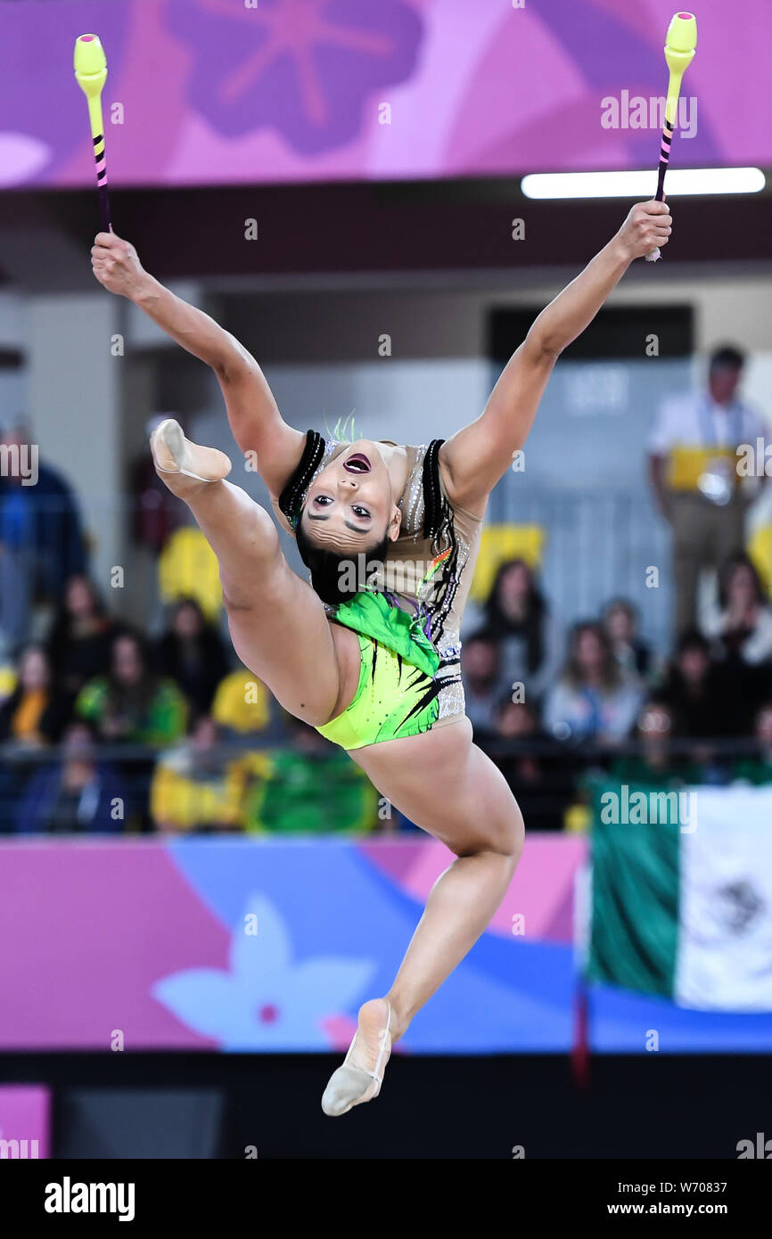 Lima, Peru. 3rd Aug, 2019. RUT CASTILLO from Mexico competes in the individual All-Around with the clubs during the competition held in the Polideportivo Villa El Salvador in Lima, Peru. Credit: Amy Sanderson/ZUMA Wire/Alamy Live News Stock Photo