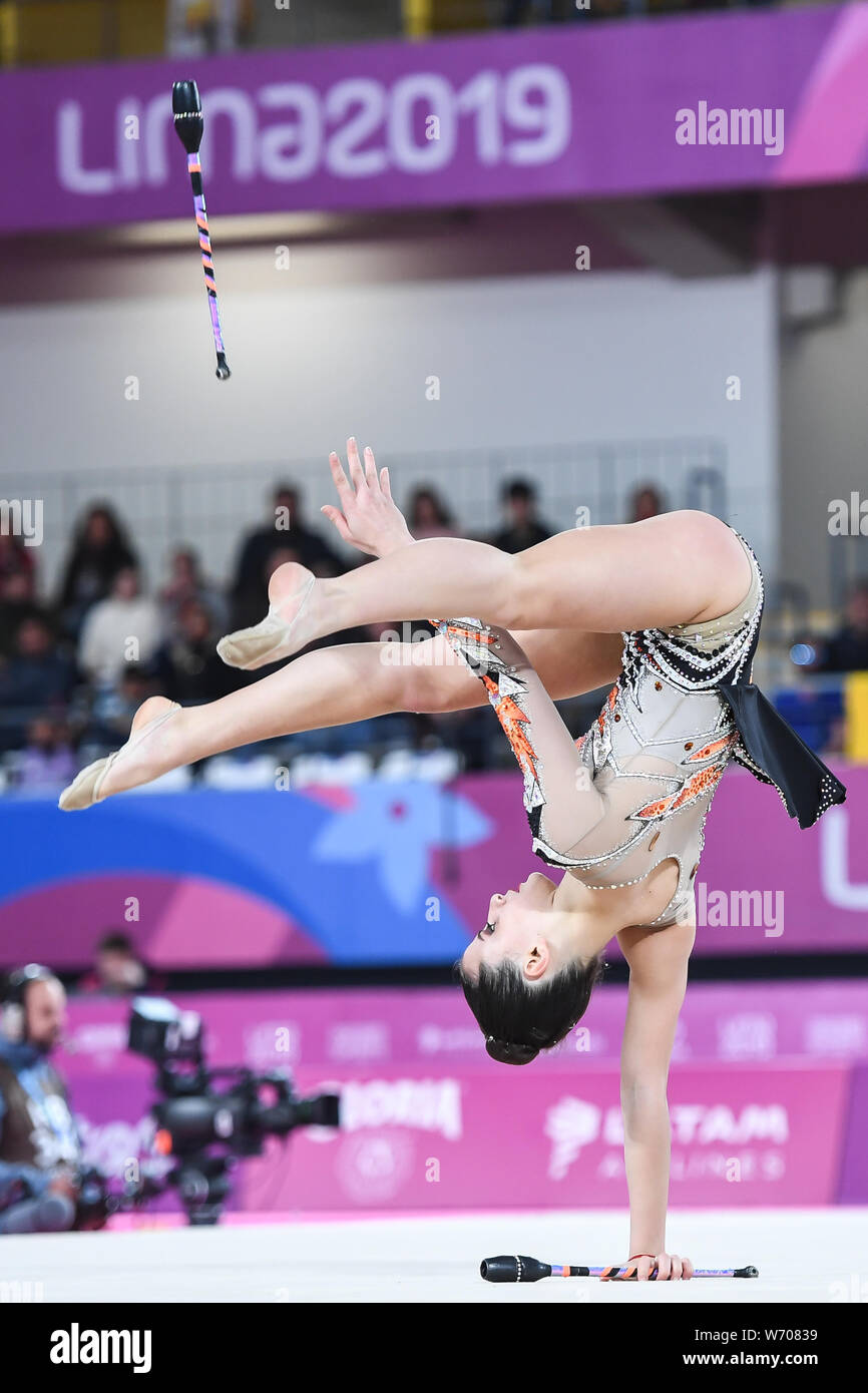 Lima, Peru. 3rd Aug, 2019. CELESTE D'ARCANGELO from Argentina competes in the individual All-Around with the clubs during the competition held in the Polideportivo Villa El Salvador in Lima, Peru. Credit: Amy Sanderson/ZUMA Wire/Alamy Live News Stock Photo
