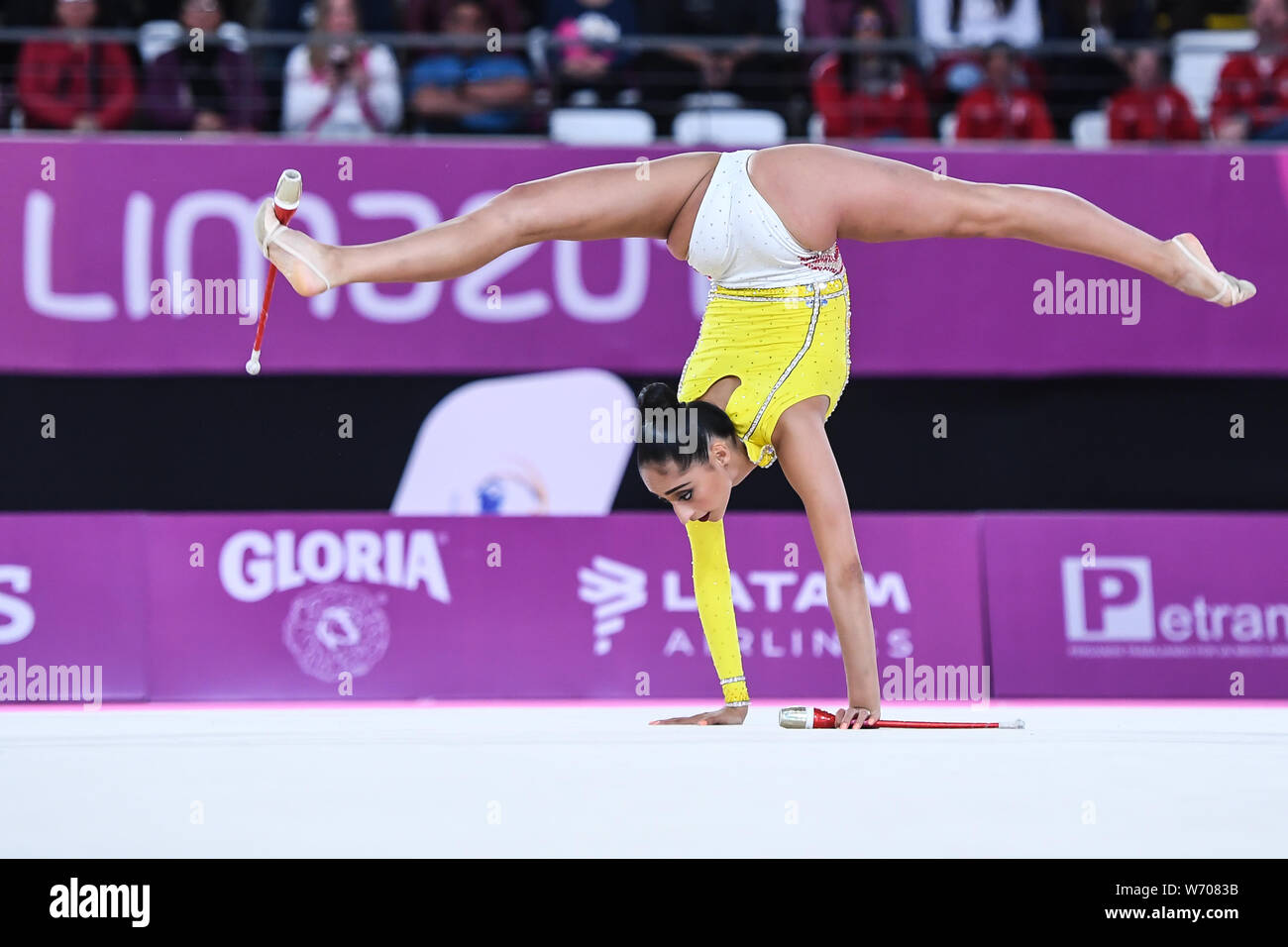 Lima, Peru. 3rd Aug, 2019. KARLA DIAZ competes in the individual All-Around with the clubs during the competition held in the Polideportivo Villa El Salvador in Lima, Peru. Credit: Amy Sanderson/ZUMA Wire/Alamy Live News Stock Photo