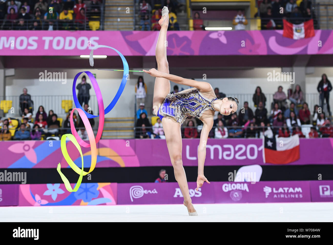 Lima, Peru. 3rd Aug, 2019. EVITA GRISKENAS from the US competes in the individual All-Around with the ribbon during the competition held in the Polideportivo Villa El Salvador in Lima, Peru. Credit: Amy Sanderson/ZUMA Wire/Alamy Live News Stock Photo