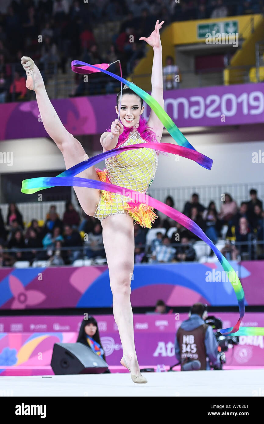 Lima, Peru. 3rd Aug, 2019. NATALIA GAUDIO from Brazil competes in the individual All-Around with the ribbon during the competition held in the Polideportivo Villa El Salvador in Lima, Peru. Credit: Amy Sanderson/ZUMA Wire/Alamy Live News Stock Photo