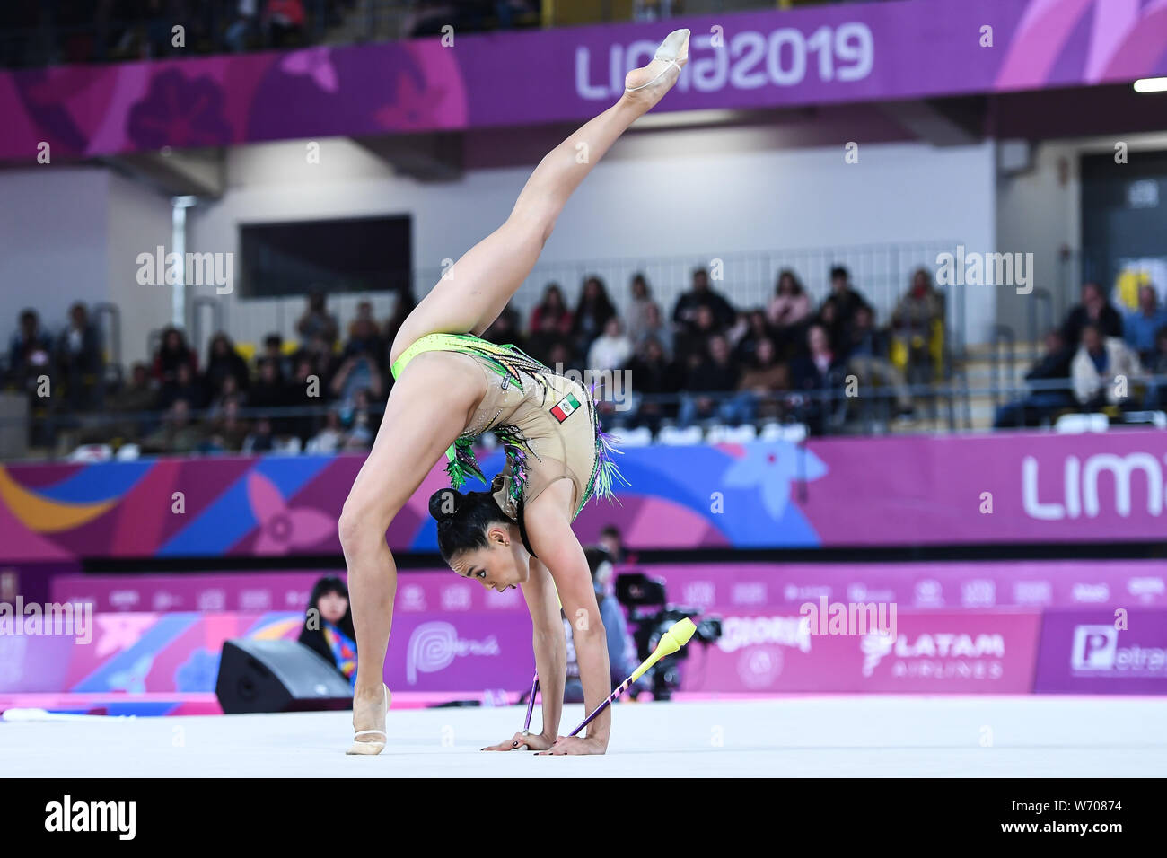 Lima, Peru. 3rd Aug, 2019. RUT CASTILLO from Mexico competes in the individual All-Around with the clubs during the competition held in the Polideportivo Villa El Salvador in Lima, Peru. Credit: Amy Sanderson/ZUMA Wire/Alamy Live News Stock Photo