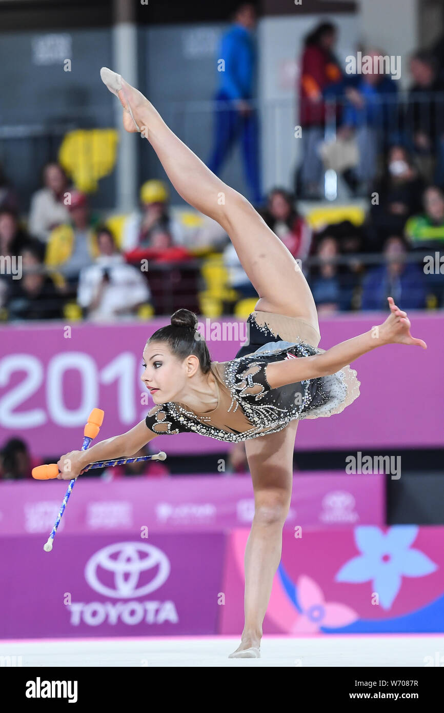 Lima, Peru. 3rd Aug, 2019. EVITA GRSKENAS from the US competes in the individual All-Around with the clubs during the competition held in the Polideportivo Villa El Salvador in Lima, Peru. Credit: Amy Sanderson/ZUMA Wire/Alamy Live News Stock Photo