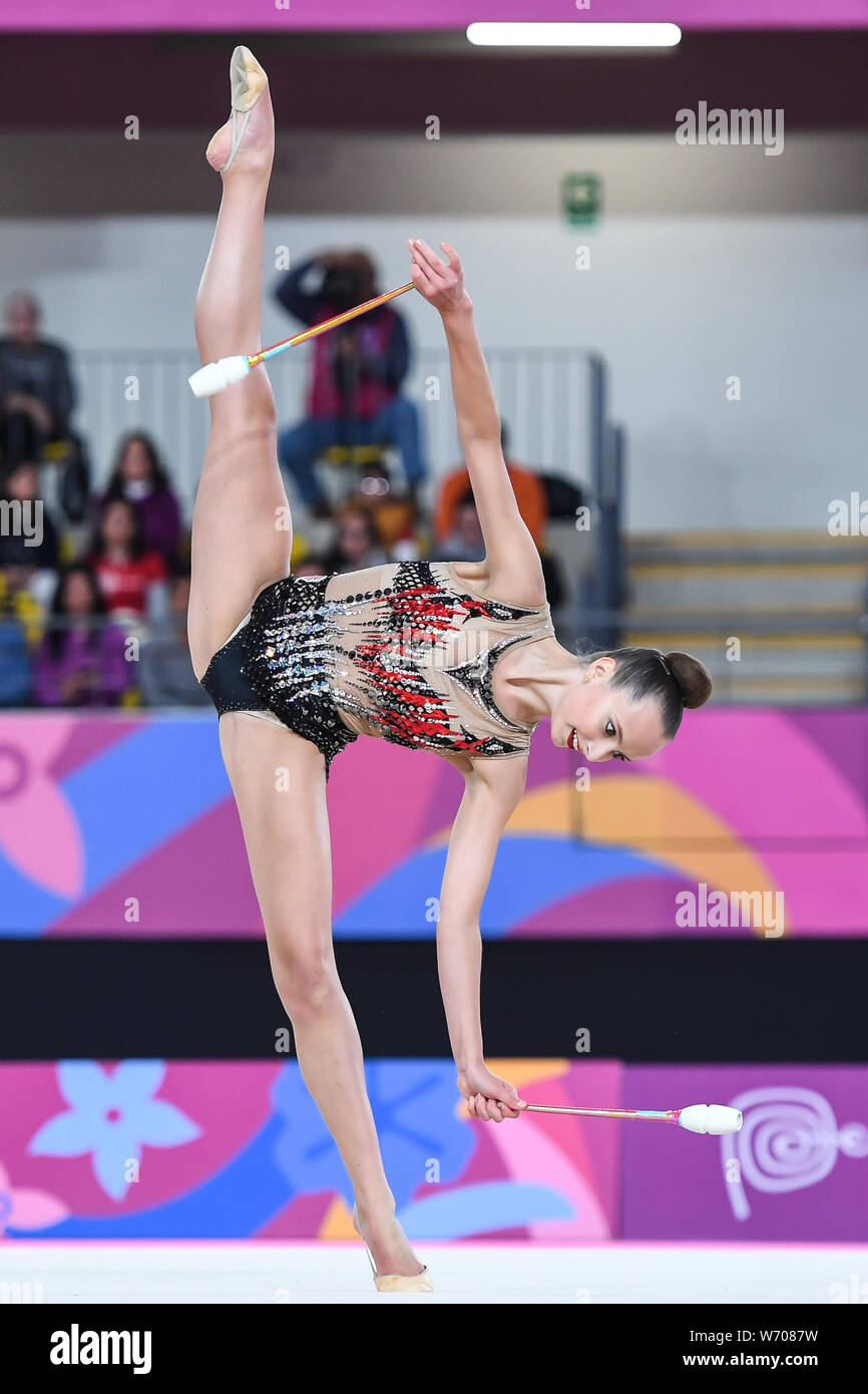 Lima, Peru. 3rd Aug, 2019. CAMILLA FEELEY from the US competes in the individual All-Around with the clubs during the competition held in the Polideportivo Villa El Salvador in Lima, Peru. Credit: Amy Sanderson/ZUMA Wire/Alamy Live News Stock Photo