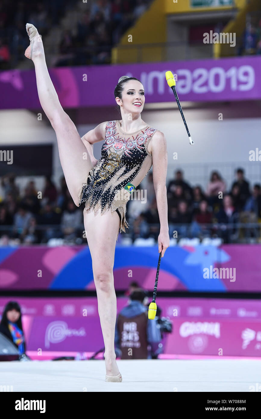 Lima, Peru. 3rd Aug, 2019. NATALIA GAUDIO from Brazil competes in the individual All-Around with the clubs during the competition held in the Polideportivo Villa El Salvador in Lima, Peru. Credit: Amy Sanderson/ZUMA Wire/Alamy Live News Stock Photo