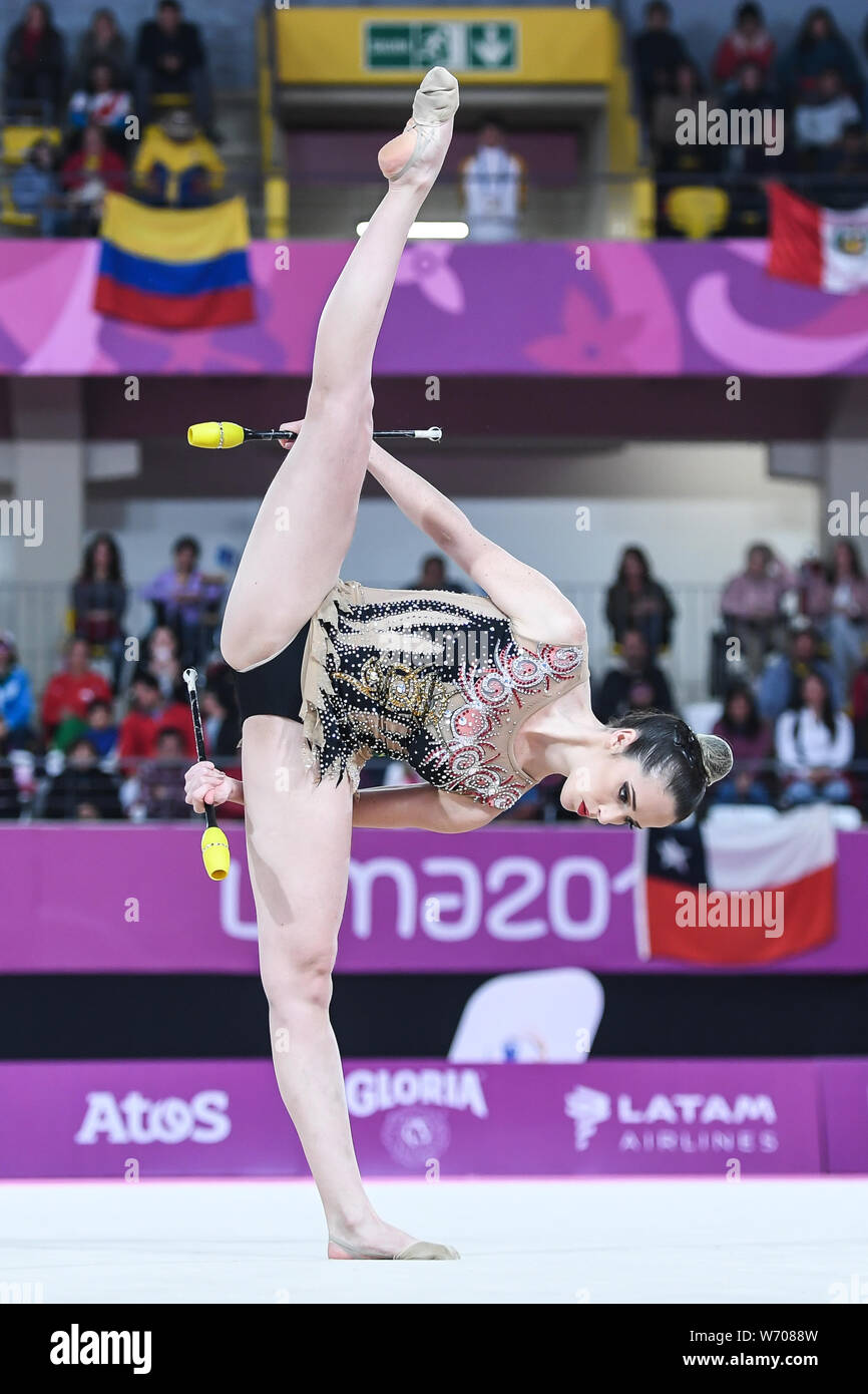 Lima, Peru. 3rd Aug, 2019. NATALIA GAUDIO from Brazil competes in the individual All-Around with the clubs during the competition held in the Polideportivo Villa El Salvador in Lima, Peru. Credit: Amy Sanderson/ZUMA Wire/Alamy Live News Stock Photo