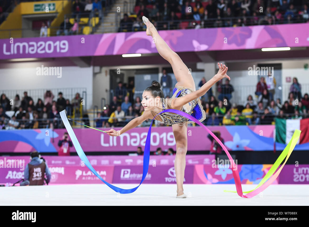 Lima, Peru. 3rd Aug, 2019. EVITA GRISKENAS from the US competes in the individual All-Around with the ribbon during the competition held in the Polideportivo Villa El Salvador in Lima, Peru. Credit: Amy Sanderson/ZUMA Wire/Alamy Live News Stock Photo
