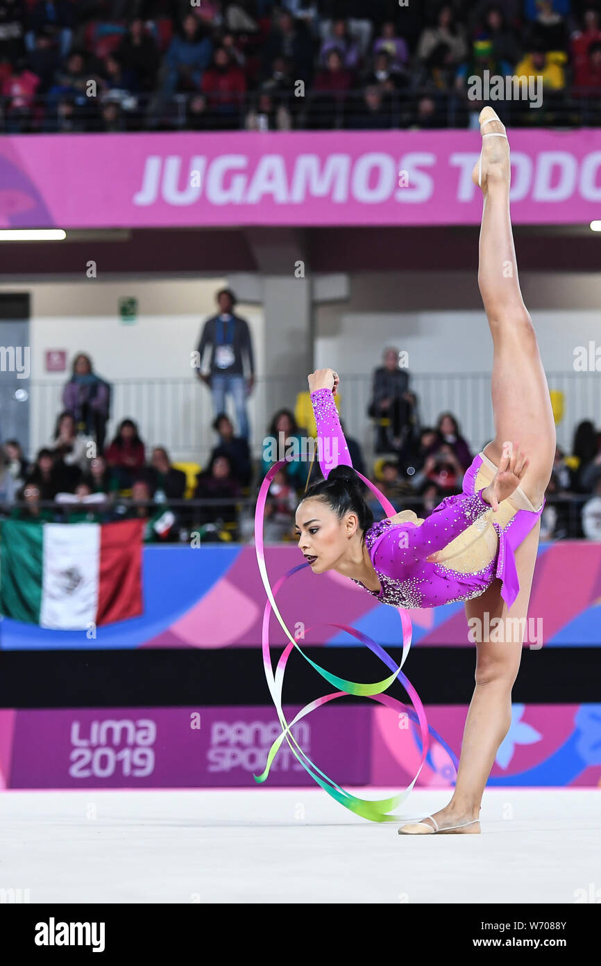 Lima, Peru. 3rd Aug, 2019. RUT CASTILLO from Mexico competes in the individual All-Around with the ribbon during the competition held in the Polideportivo Villa El Salvador in Lima, Peru. Credit: Amy Sanderson/ZUMA Wire/Alamy Live News Stock Photo