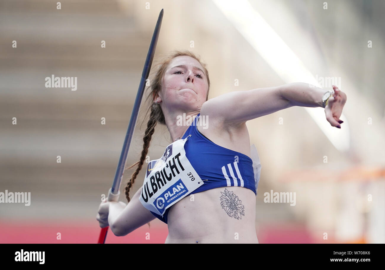 Berlin, Germany. 03rd Aug, 2019. Athletics: German championship in the  Olympic stadium, javelin throw, women: Julia Ulbricht throws the spear.  Credit: Michael Kappeler/dpa/Alamy Live News Stock Photo - Alamy