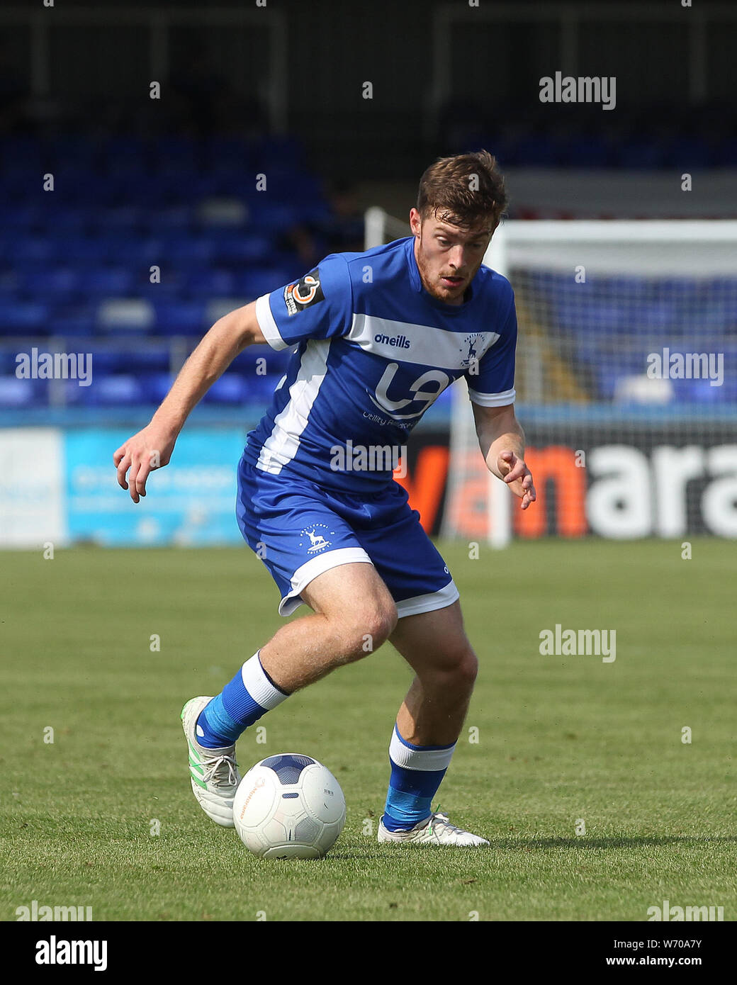 HARTLEPOOL, ENGLAND 3rd August Luke James of Hartlepool United in action during the Vanarama National League match between Hartlepool United and Sutton United  at Victoria Park, Hartlepool on Saturday 3rd August 2019. (Credit: Mark Fletcher | MI News) Stock Photo