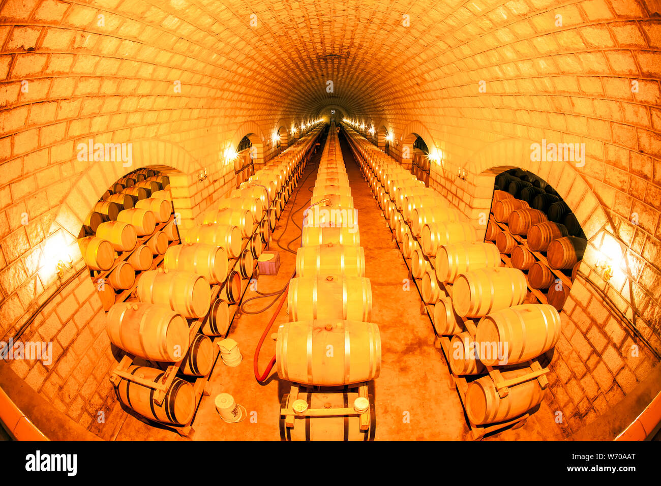 Wine barrels stacked in the cellar of the winery Stock Photo - Alamy