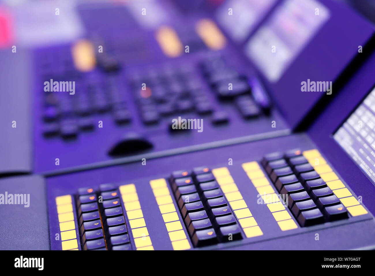 Closeup of playback buttons on lighting control console. Selective focus. Stock Photo