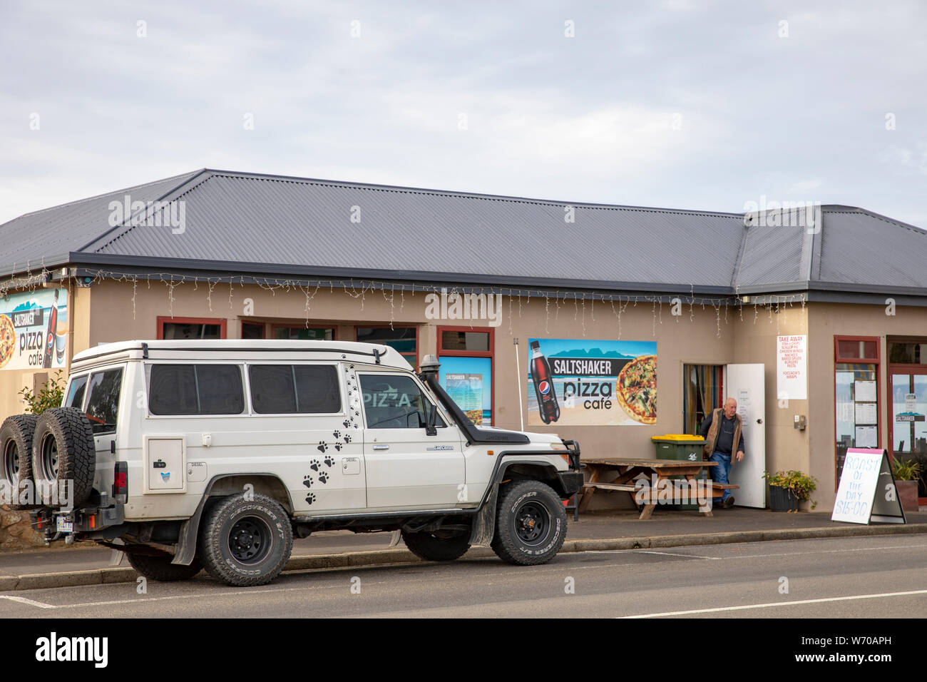 Toyota landcruiser troopy vehicle parked in Swansea town centre,East coast Tasmania,Australia Stock Photo