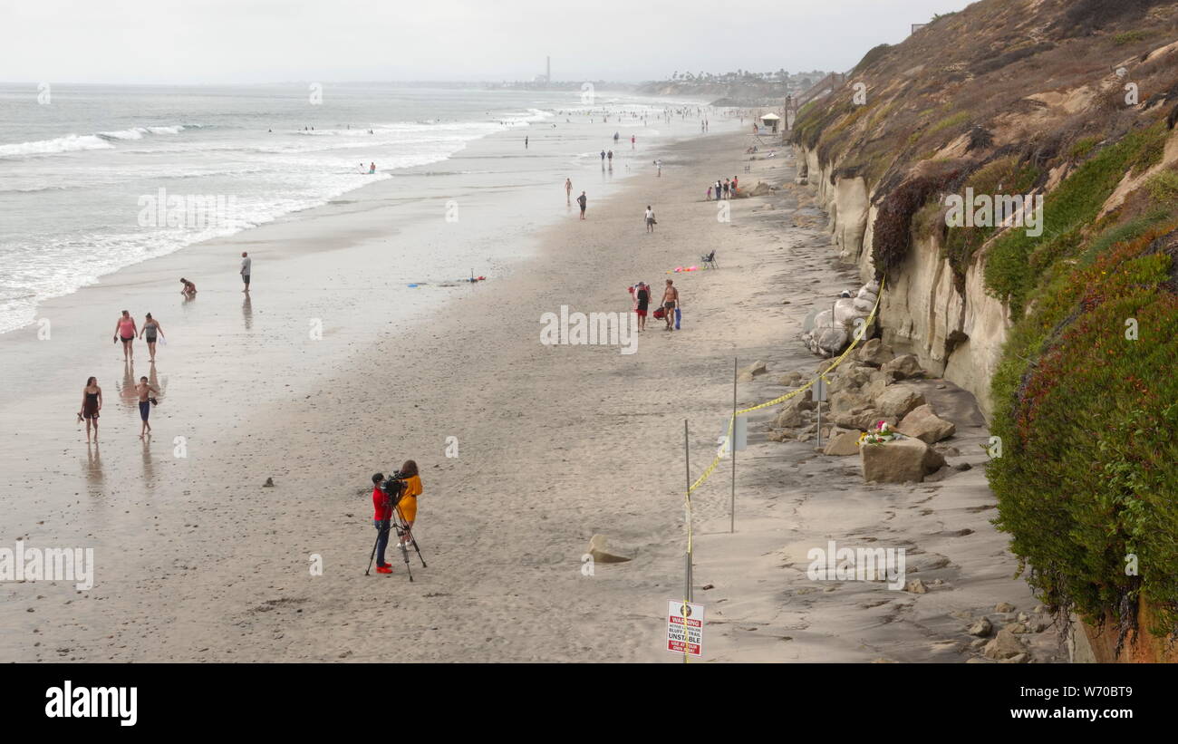Overview of the site of a deadly bluff collapse that killed three people on August 2, 2019 on Grandview Beach in Encinitas, CA Stock Photo