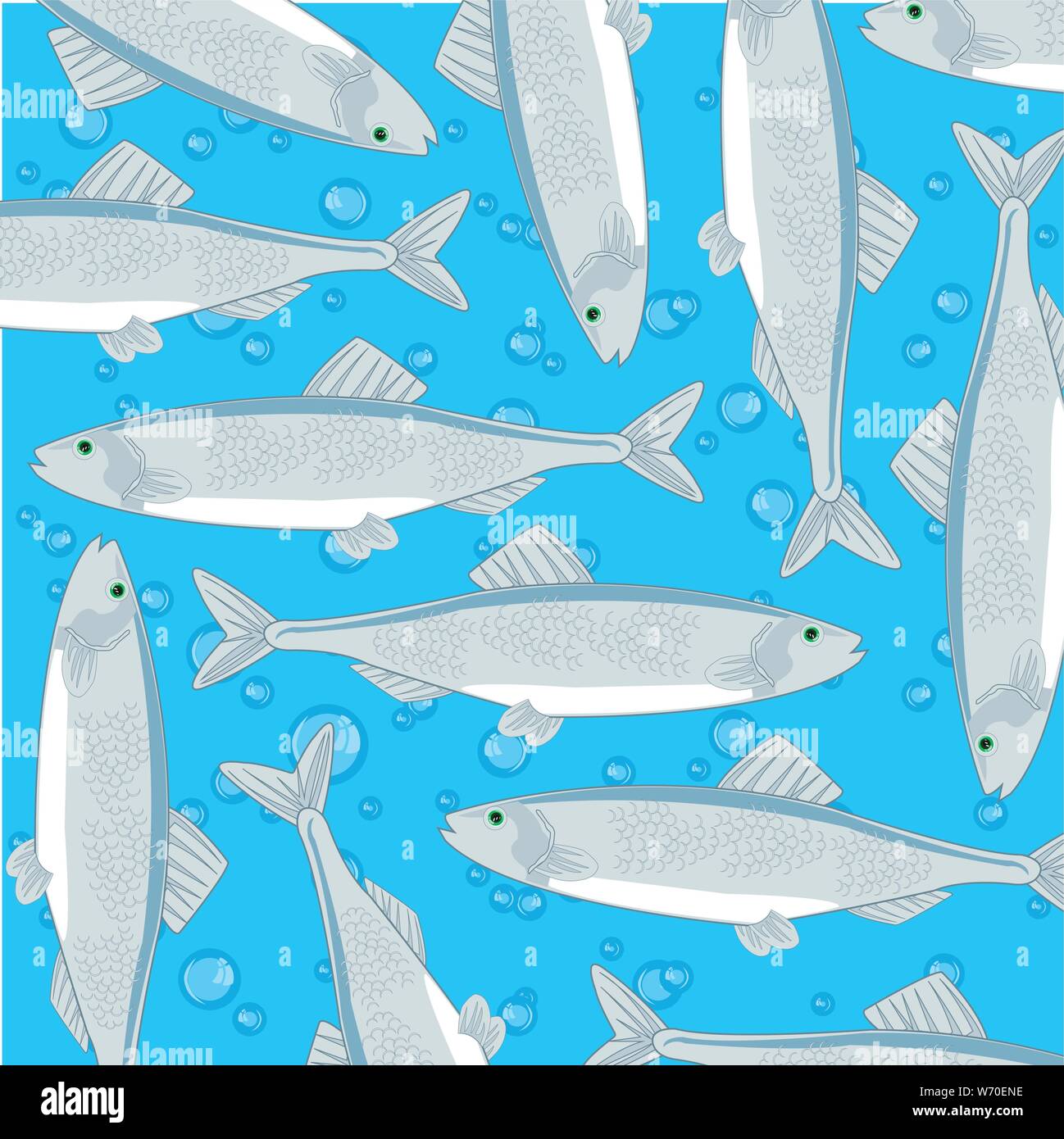 Decorative fish pattern herring on turn blue background Stock Vector
