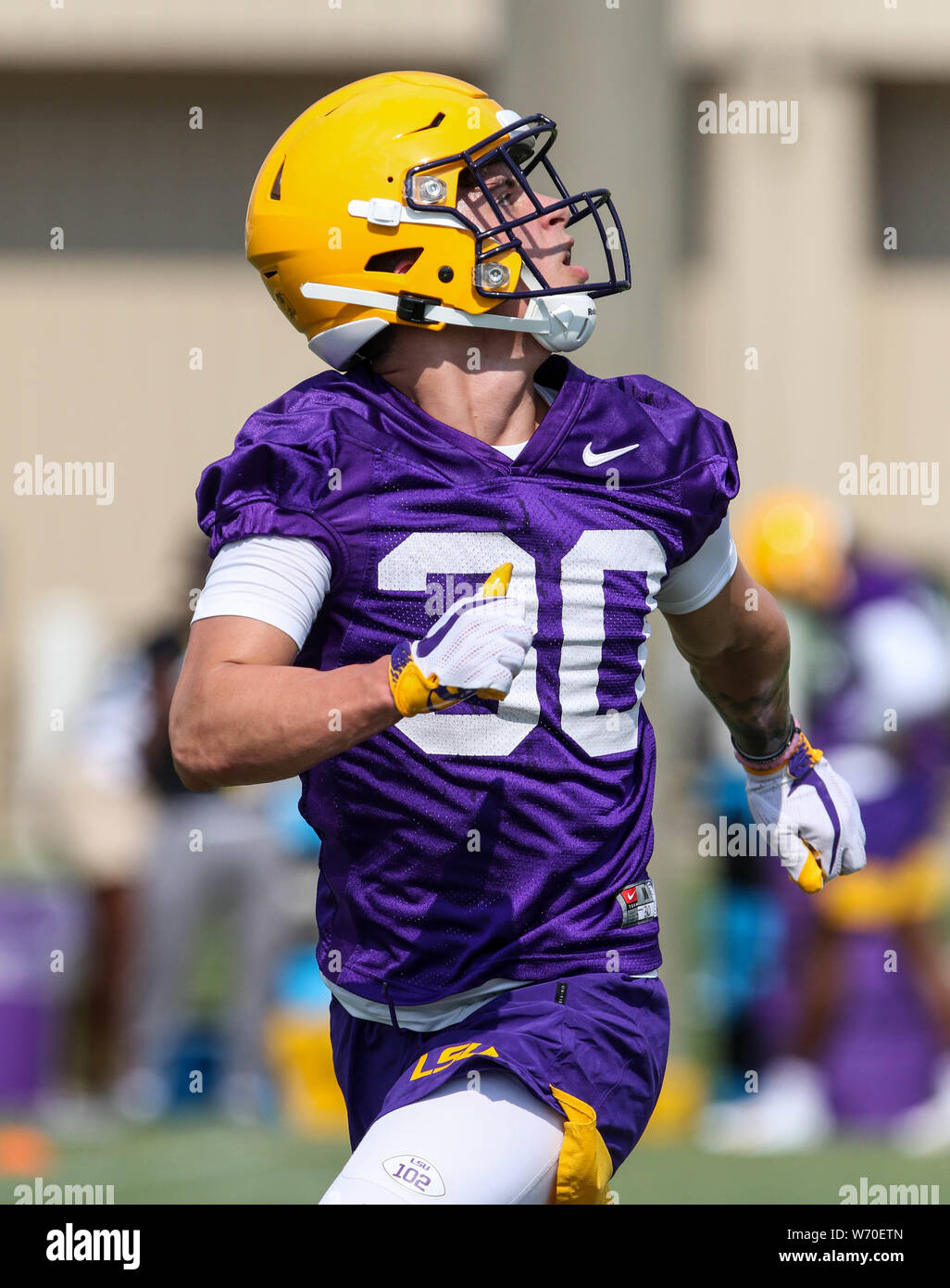 August 3, 2019: LSU defensive back Cade Comeaux (30) tracks a ball that was thrown his way during practice at the Charles McClendon Practice Facility in Baton Rouge, LA. Jonathan Mailhes/CSM Stock Photo
