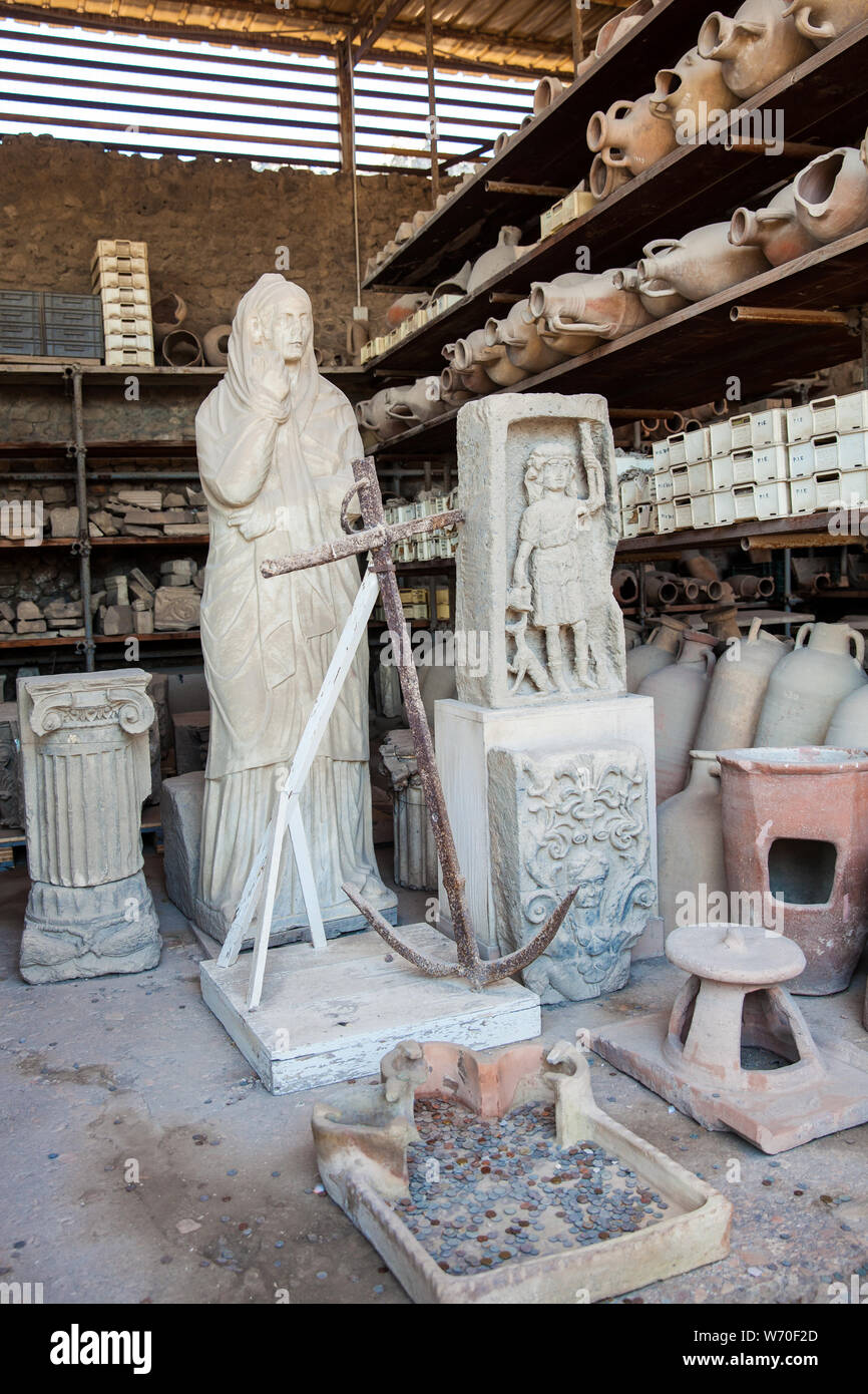 Artifacts in the  Forum Granary of the ancient city of Pompeii Stock Photo