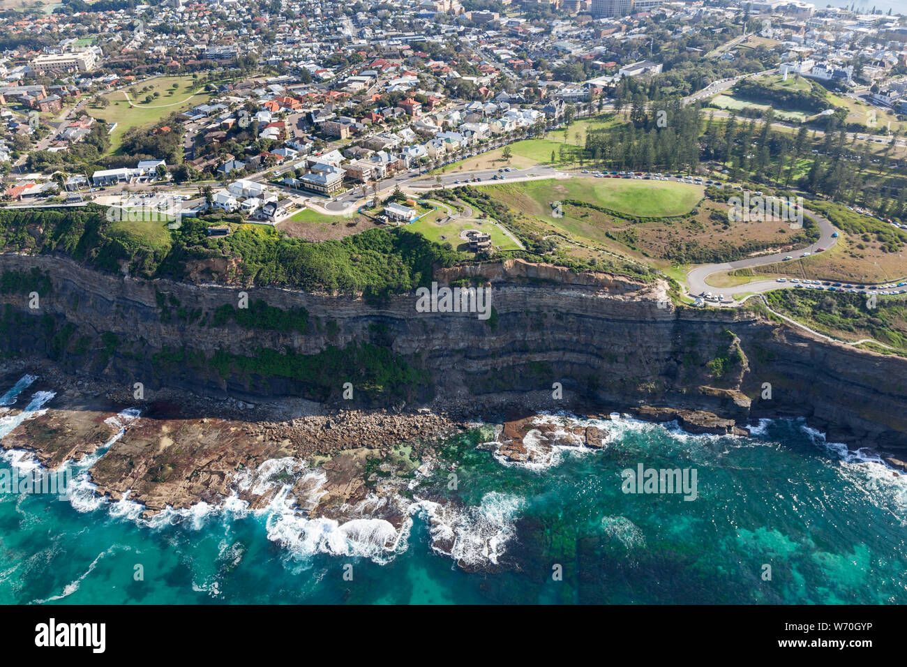 Aerial view of the cliff line at King Edward Park and 'The Hill' area of Newcastle NSW Australia. Stock Photo