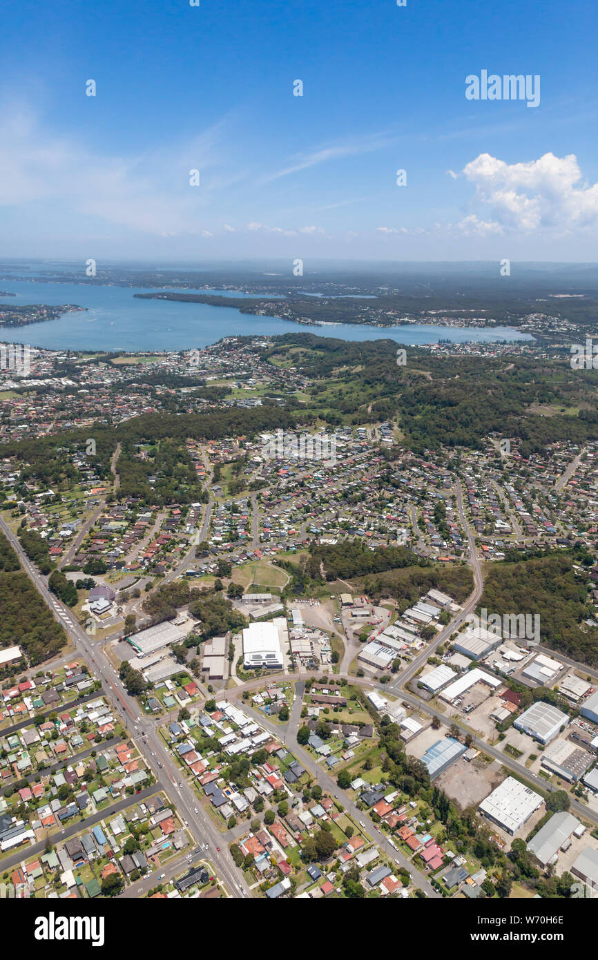 View across the suburbs of Lake Lands and Warners bay Towards Lake Macquarie - Newcastle NSW Australia. Australia's largest saltwater lake is located Stock Photo