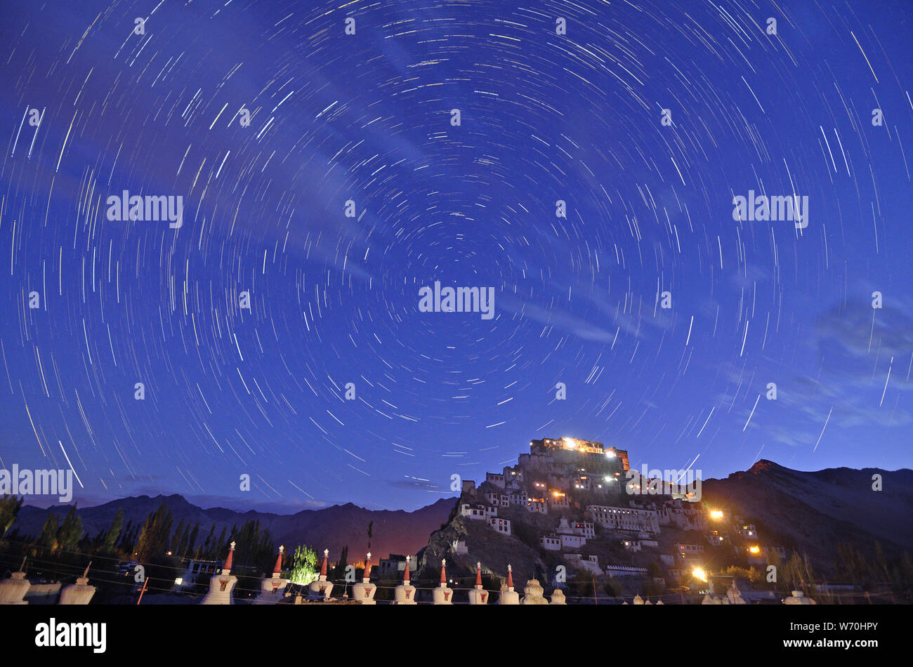 Star Trails over Thicksey Monastery, Leh, Ladakh Stock Photo