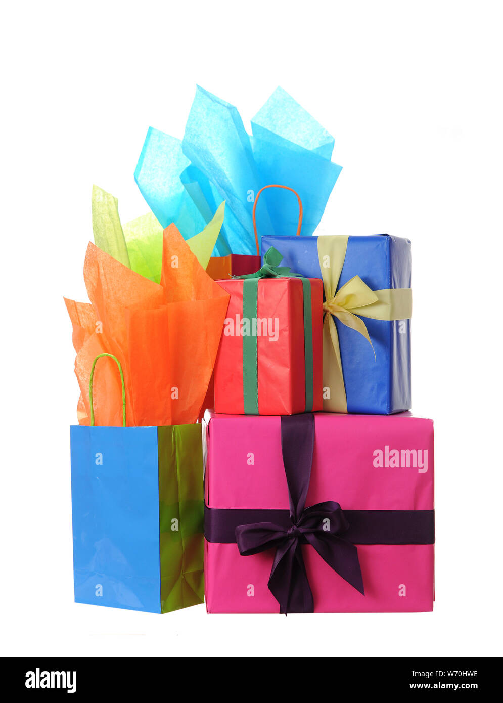 Holiday gift boxes and bags isolated on white Stock Photo
