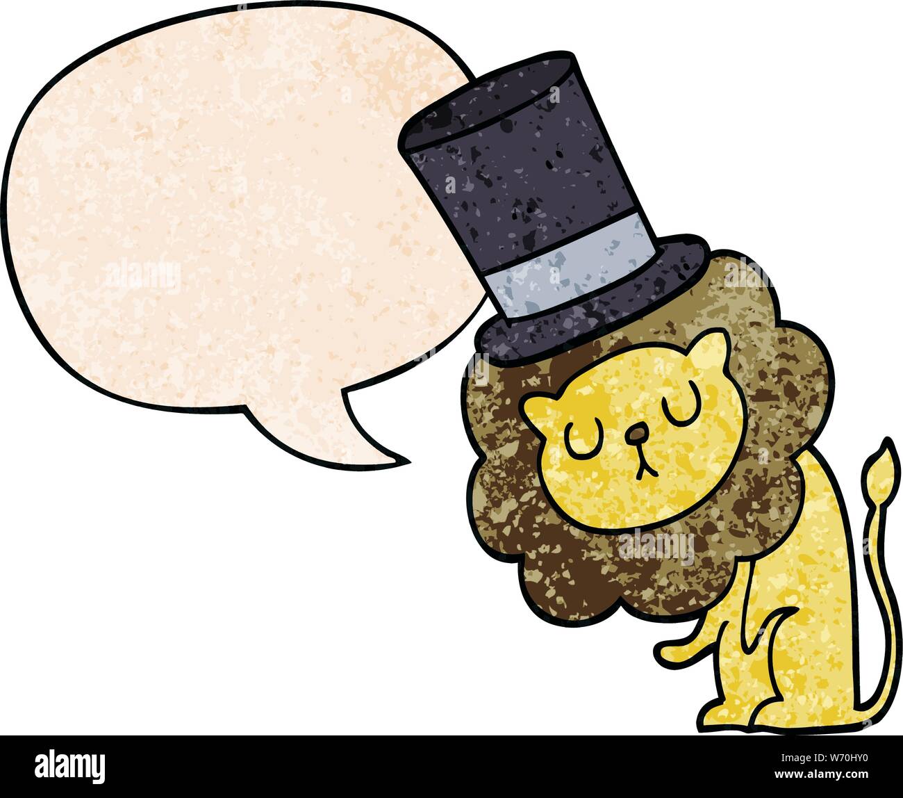 cute cartoon lion wearing top hat with speech bubble in retro texture ...