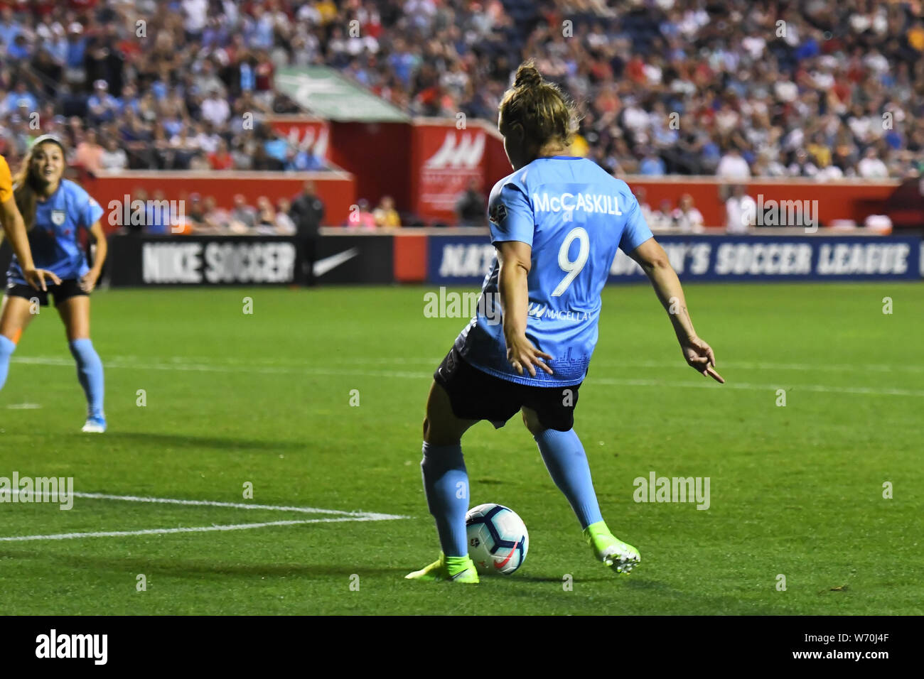 August 03, 2019: Savannah McCaskill (9) of Chicago Red Stars in action during an NWSL match between Chicago Red Stars and Utah Royals FC at SeatGeek Stadium in Bridgeview, Illinois. Dean Reid/CSM. Stock Photo
