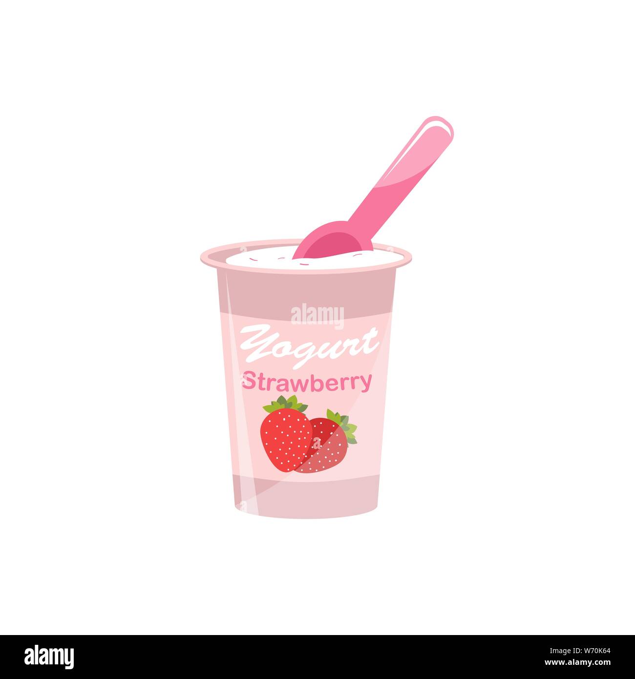 Packing yogurt with a teaspoon. Yogurt with strawberry flavor. Vector