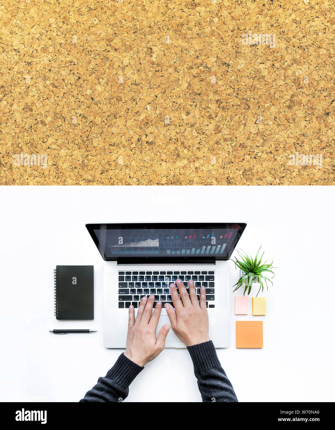 Male using computer laptop on white wood desk table background.Business ...