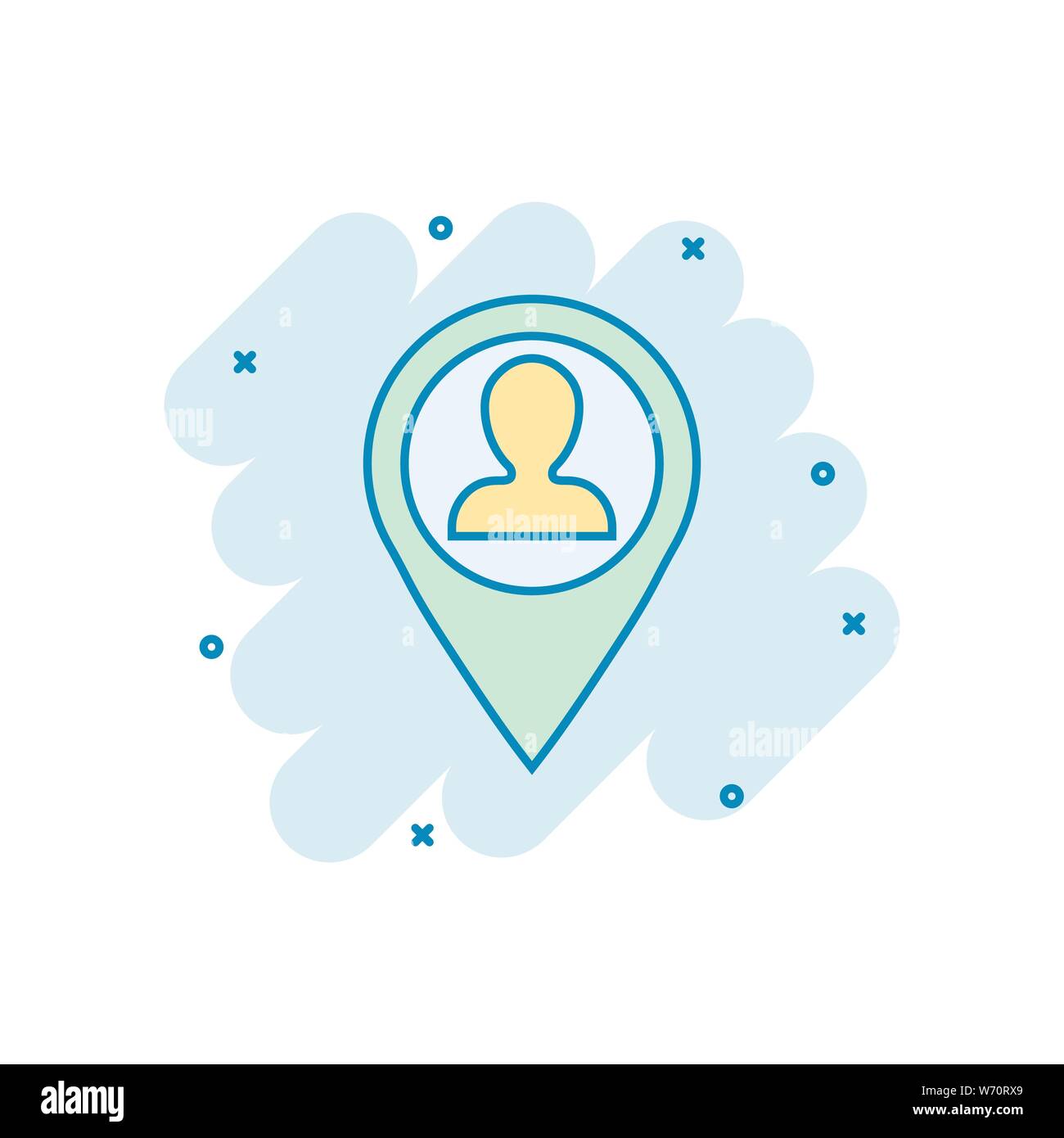Placement icon in comic style. People pin vector cartoon illustration on white isolated background. Navigation business concept splash effect. Stock Vector