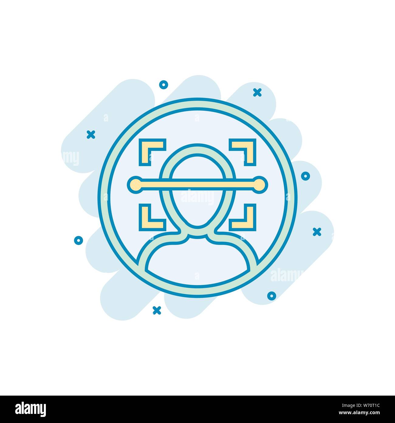 Face scan icon in comic style. Facial id vector cartoon illustration on white isolated background. Identification algorithm business concept splash ef Stock Vector