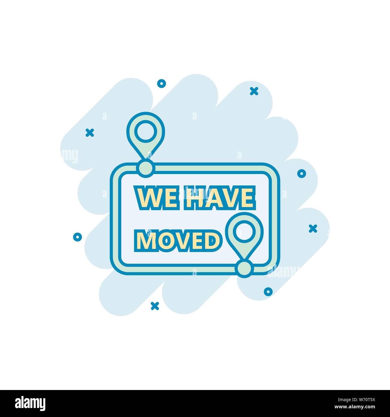 Move location icon in comic style. Pin gps vector cartoon illustration on white isolated background. Navigation business concept splash effect. Stock Vector