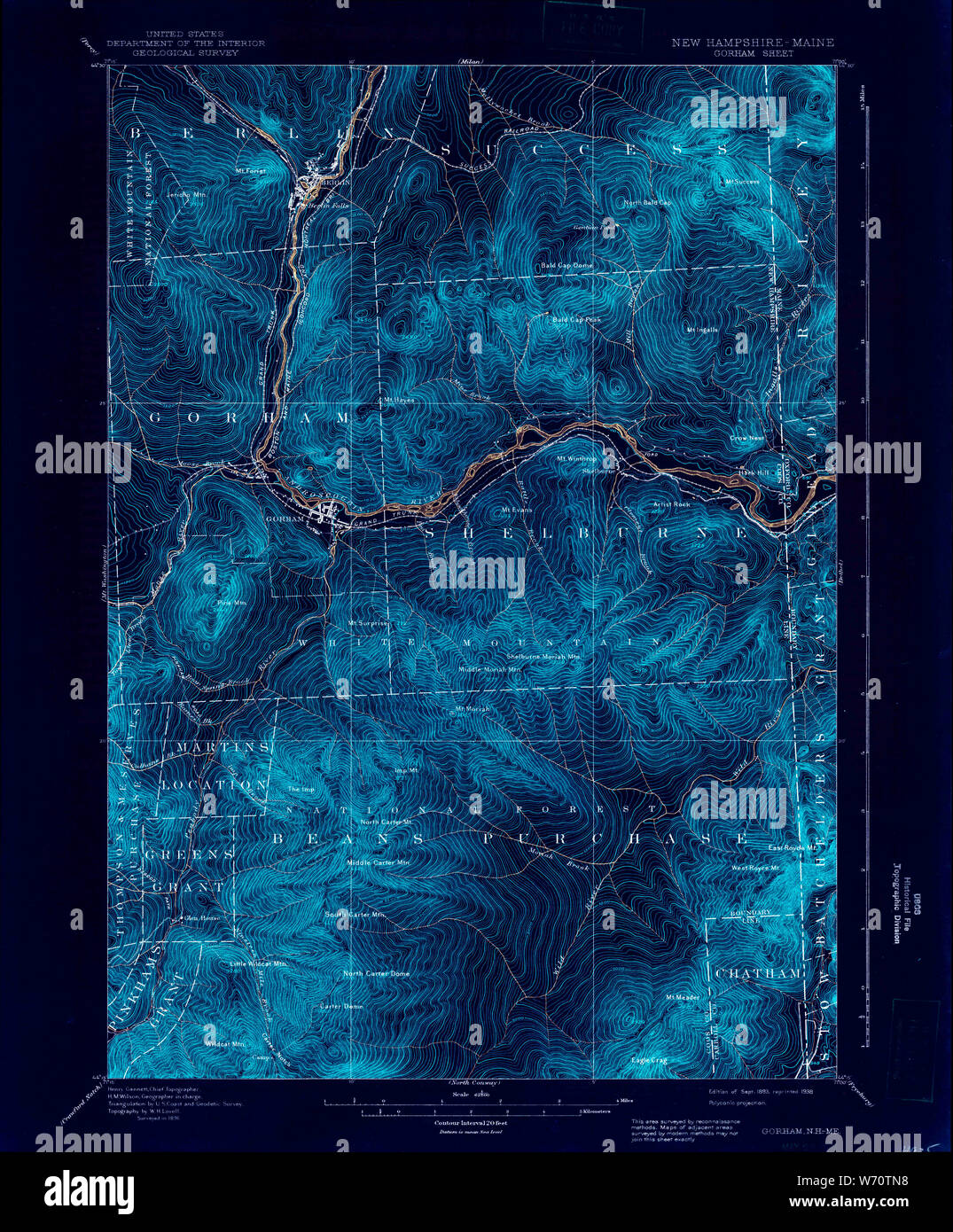 USGS TOPO Map New Hampshire NH Gorham 330057 1893 62500 Inverted Restoration Stock Photo