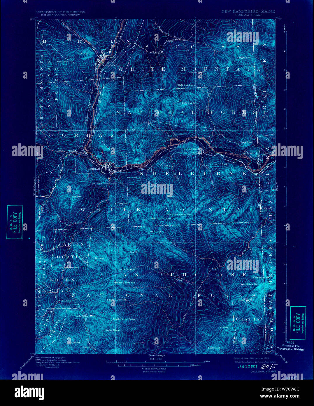 USGS TOPO Map New Hampshire NH Gorham 330066 1893 62500 Inverted Restoration Stock Photo