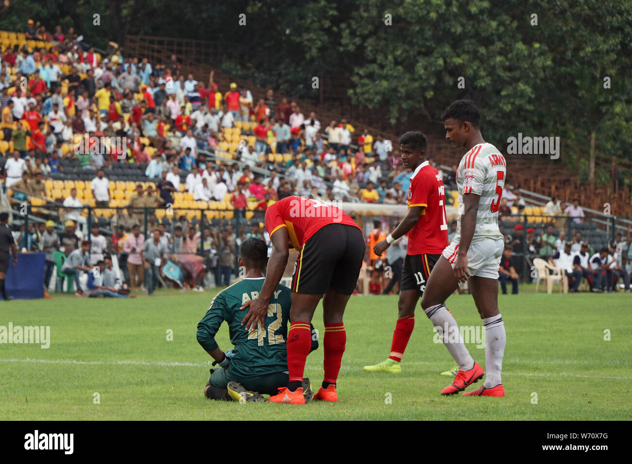 Kolkata, India. 03rd Aug, 2019. Army Red goalkeeper Muhammad Shanoos is ...