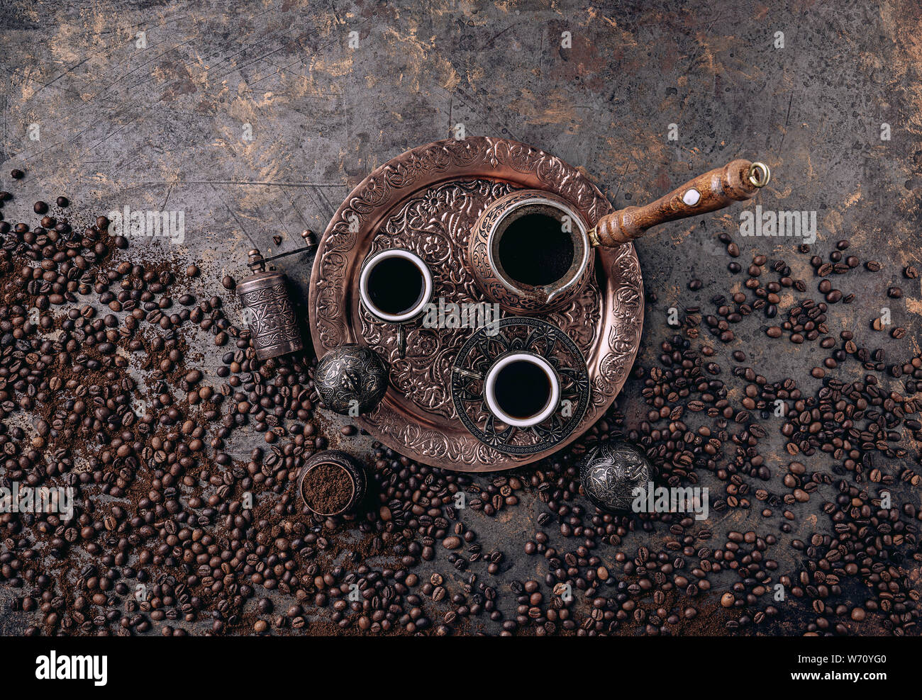 Turkish coffee with traditional copper serving set Stock Photo